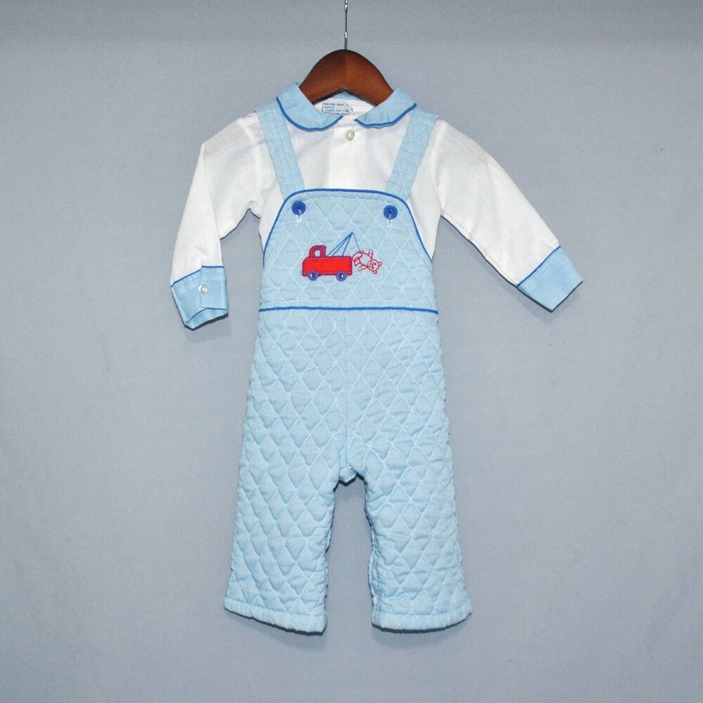 Vintage Baby Boys Outfit Size 6 Months Quilted Overalls & Shirt Set Truck Bear